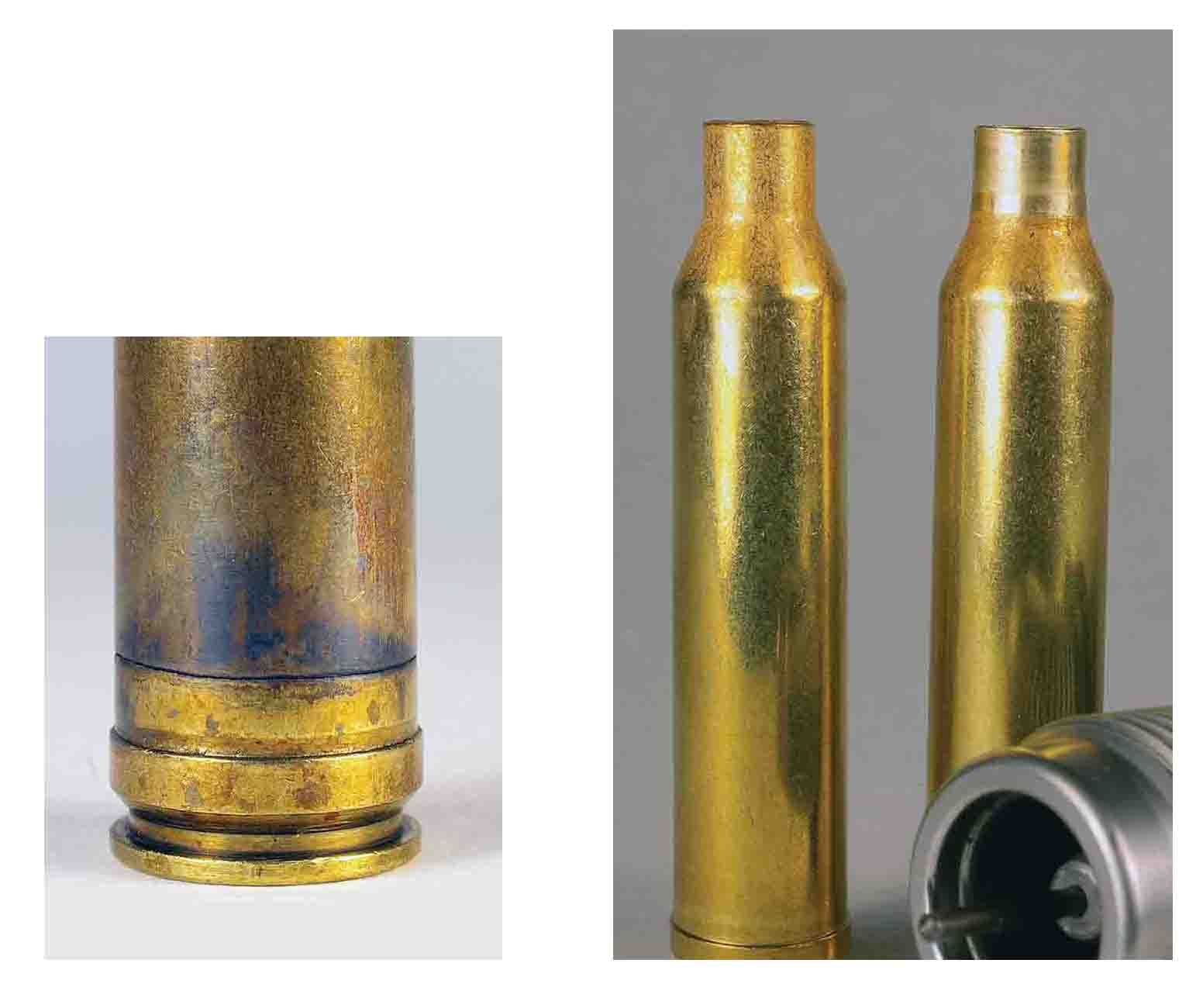 Left, new 7mm Remington Magnum cases are often quite short at the shoulder. On firing, they stretch so much they become thin at the web and are likely to split around the web when reloaded. Right, expanding the necks of new cases, then necking them down so they fit the chamber with some resistance, minimizes stretching.